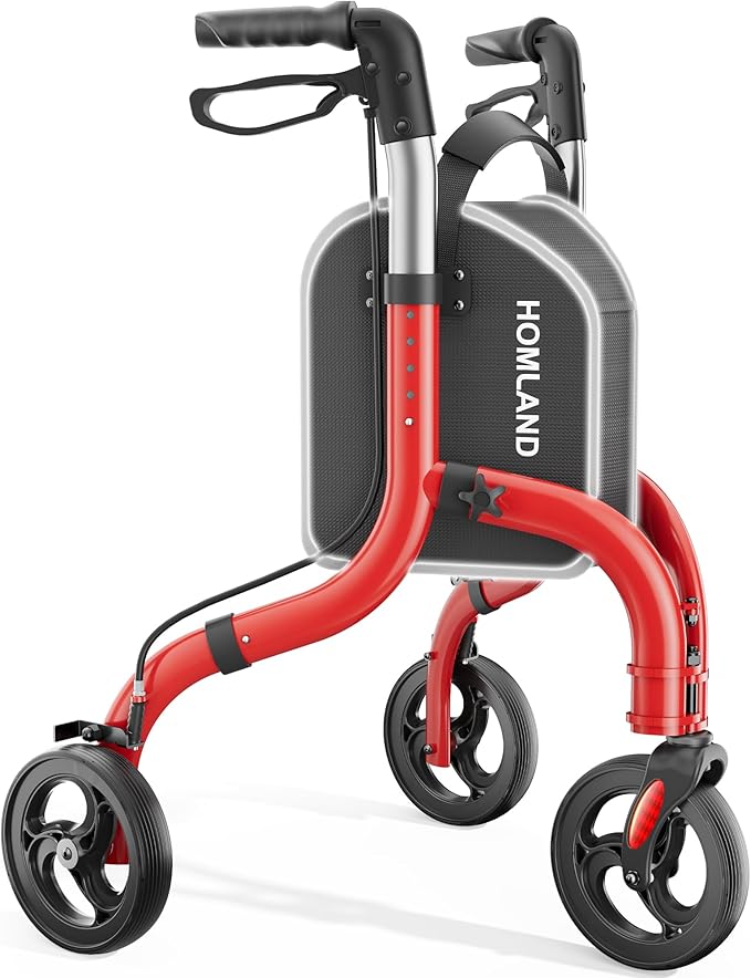 Foldable 3 Wheel Walkers for Seniors, Lightweight AluminumThree-Wheeled Walker, Height Adjustable Compact Walker with Removable Storage Bag