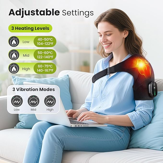 Cordless Shoulder Heating Pad with Vibration for Rotator Cuff Pain Relief, FSA Eligible HSA Heated Shoulder Massager, Rotator Cuff Support Brace with 3 Heating Levels &3 Vibration (Black)