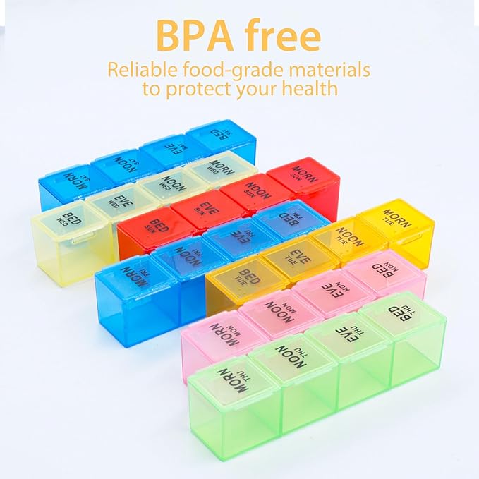 4Pack Weekly Pill Organizer 4 Times a Day, 7-Day Pill Boxes, Monthly Medication Organizer 28 Days Portable Compartments & Moisture-Proof Outer Case for Vitamins, Fish Oils, Supplements(Color)
