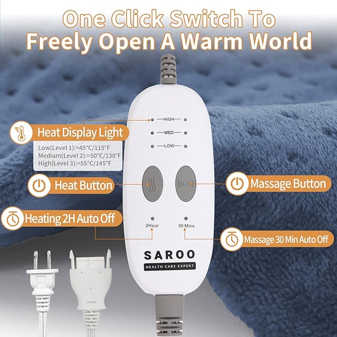 SAROO Heating Pad for Back Pain Relief,Massaging Weighted Heating Pads for Neck,Shoulder,Cramp,Portable Heated Pad with 3 Heat Settings & 6 Massage,18 Relaxing Combinations,Auto Off,12"*24",Denim Blue