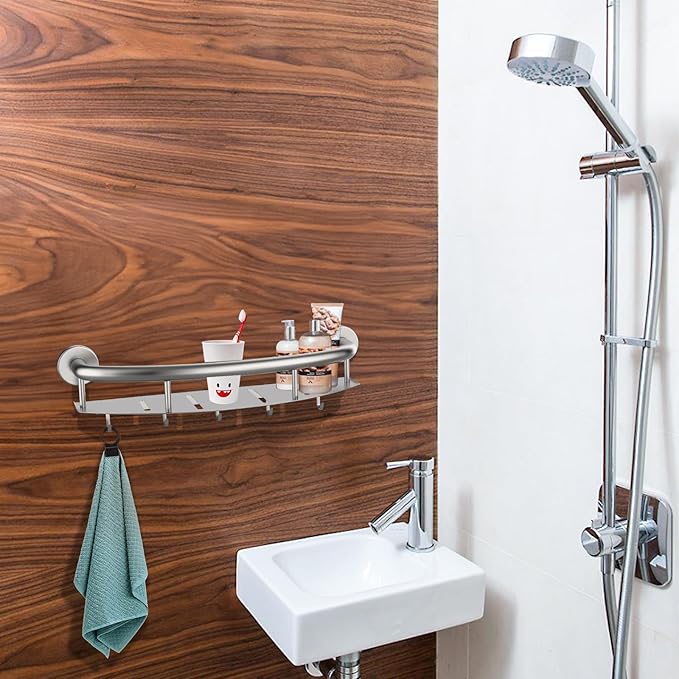 Brushed Nickel 18-inch Safety Grab Bar with Storage Shelf for Bathtub or Shower, Drainage Holes, Stainless Steel, Wall Mounted Grab Bars for Elderly Injured Balance Support