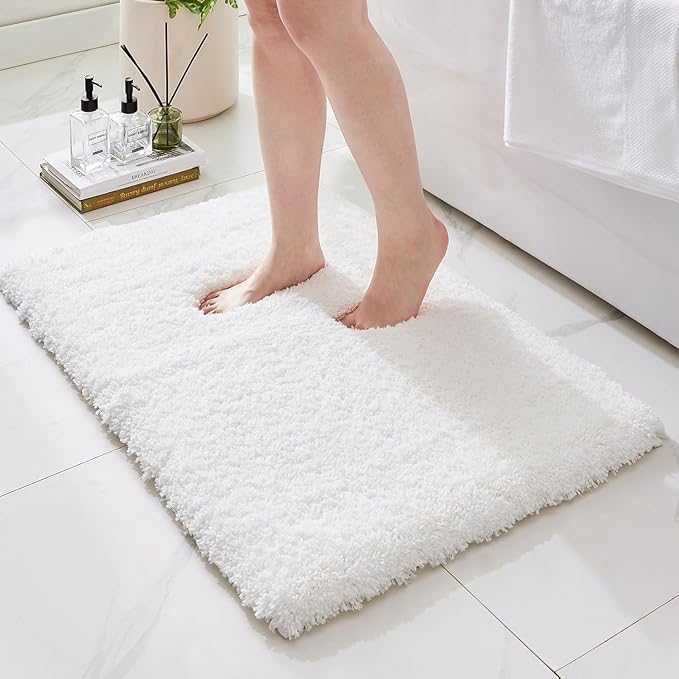 Bathroom Rugs Non Slip Washable, Ultra Thick Soft Microfiber Absorbent Bath Mats, High Density Foam Latex Non Slip Backing Bath Rugs, Fluffy Floor Carpet for Tub&Shower 24x17, White