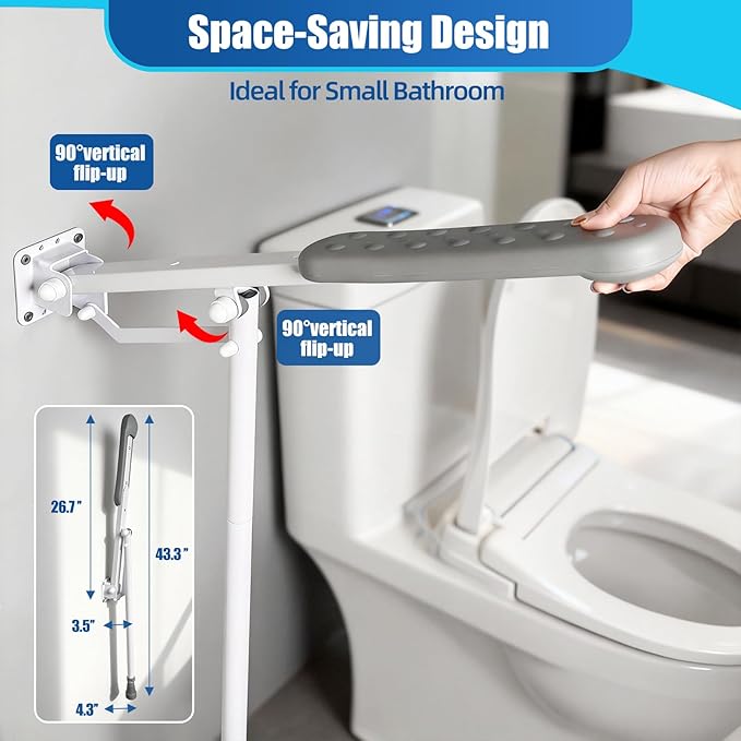 26 Inch Grab Bar for Toilet with Adjustable Height and Length, Flip up Bathroom Safety Rail with Support Leg, 660lbs Capacity Anti-Slip Handicap Toilet Handrail for Seniors