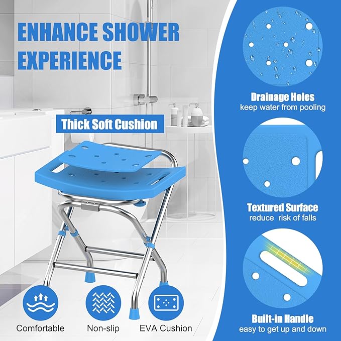 Height Adjustable Folding Shower Chair Seat, Stainless Steel Shower Chair for Inside Shower w/Crossbar, 420LB Portable Travel Shower Stool, Safety Anti-slip Bath Chair for Seniors, Adults,Blue