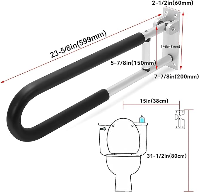 HECASA Toilet Grab Bar 23.6 Inch Flip Up Handicap Grab Bars Rails Folding Support for Elderly Disabled Pregnant Woman Bathroom Shower Safety Toilet Safety Rail