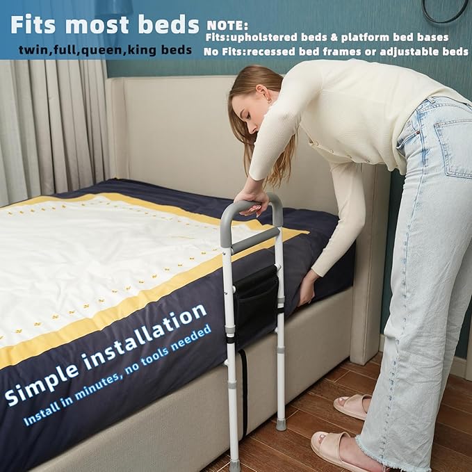 Bed Rails for Elderly Adults Safety - Adjustable Bed Assist Rail for Seniors Fall Prevention with Support Leg, Bedside Grab Bar Cane with Storage Pocket, Fits King, Queen, Full, Twin Bed