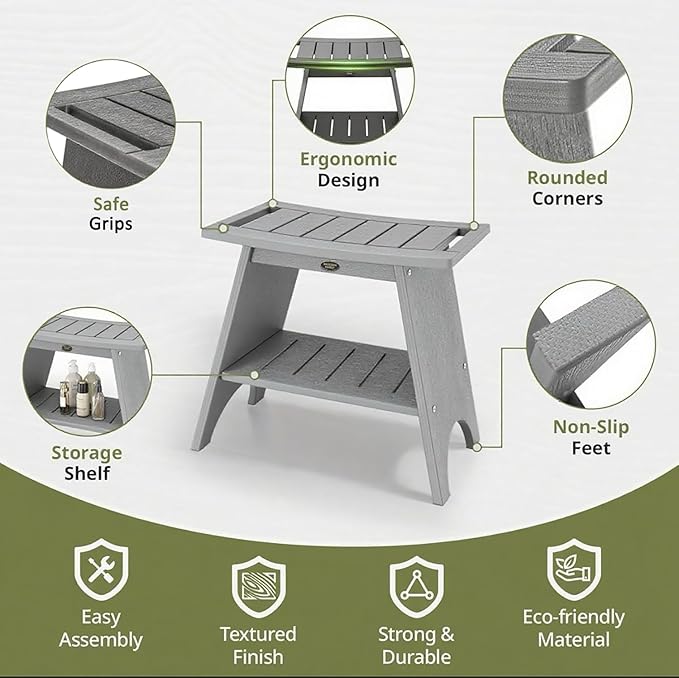 HDPS Shower Benches for Inside Shower to Sit on, Waterproof Shower Chair with Storage Shelf, Heavy Duty 500-lb Shower Seat, Shower Stool for Shaving Legs, Indoor/Outdoor Use, Grey