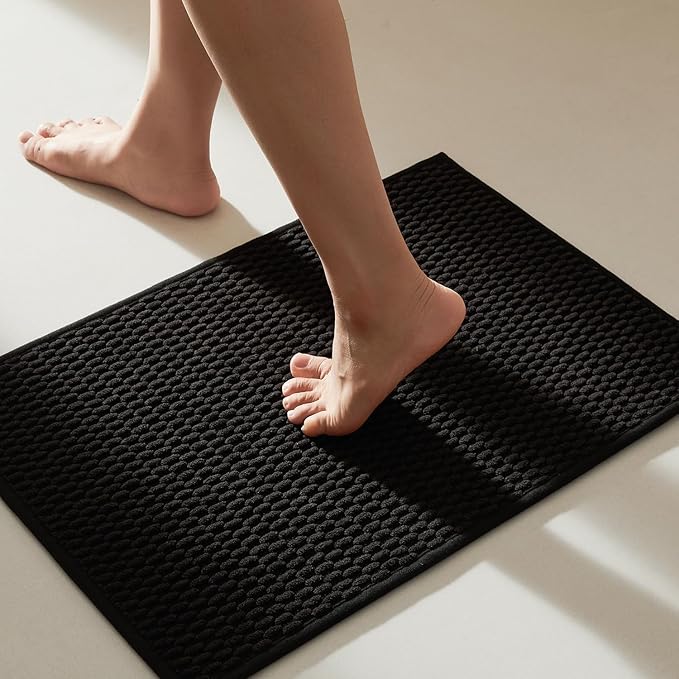 TYUU Black Bathroom Rugs Non Slip Washable, Super Absorbent Thin Bath Mat Quick Dry Low Pile Bathroom Rug, Black 20''x30''