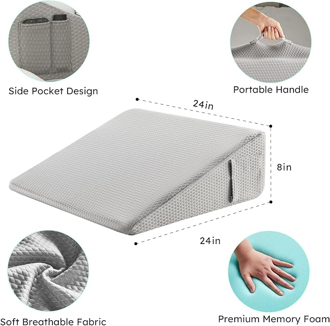 Bedluxe Wedge Pillow,8 inch Bed Wedge Pillow for Headboard, Pillow Wedge for Acid Reflux Relief, Sleeping, After Surgery, Snoring, Gerd, Triangle Pillow Wedge - Cooling Memory Foam Top, Grey