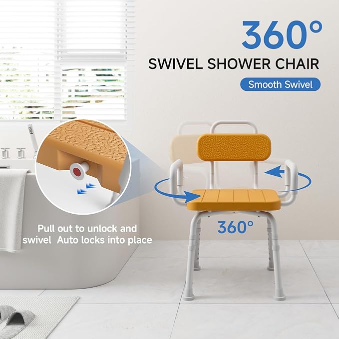 Loyoda 360° Swivel Shower Chair with Removable Arms, Adjustable Height Rotating Shower Stool for Inside Shower for Seniors and Disabled，Swivel Bath Chair for Inside Tub，Brown