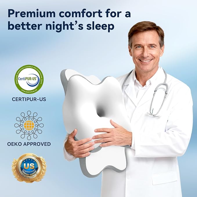 Sleep Apnea Pillow with Neck Pain & Snoring Relief -Orthopedic Cervical Pillow, Ergonomic Contour Memory Foam for Side, Back,Stomach Sleepers, Medium Firm (White,Queen Size)