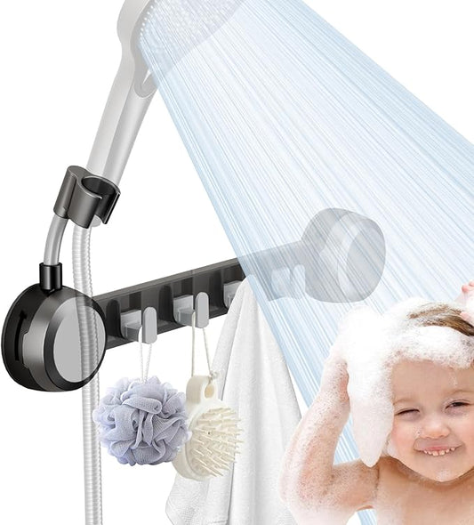 Shower Head Holder Suction Cup with 4 Hanger Hook Wall Mount - 2 in 1 Design - No-Drill Strong Adhesive Shower Wand Bracket - Adjustable Handheld Shower Head Mount - Gun Gray