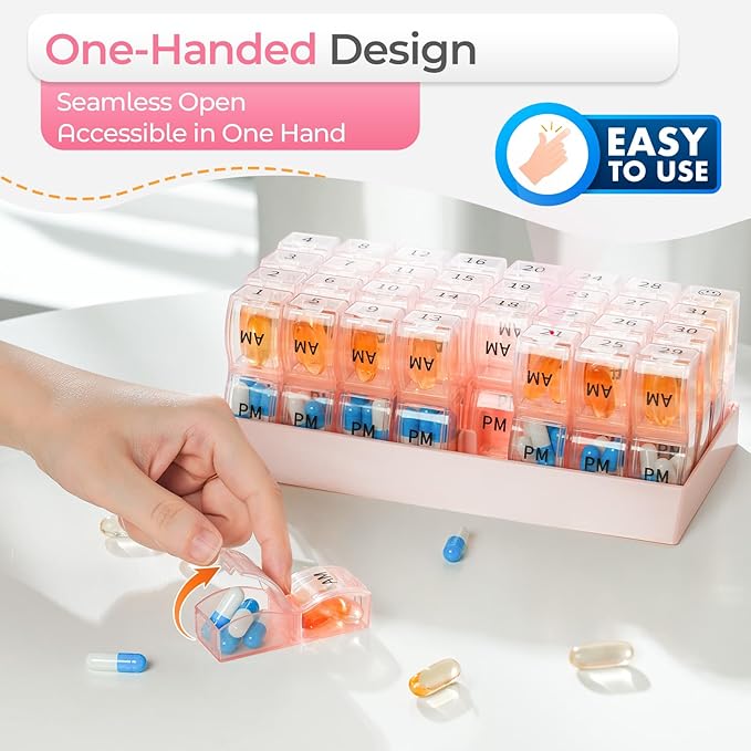 Monthly Pill Organizer 2 Times a Day, one Month Pill Box AM PM, 30 Day Pill Case Small Compartments to Hold Vitamin and Travel Medicine Organizer, 31 Day Pill Organizer, 4 Week Pill Cases（Pink）