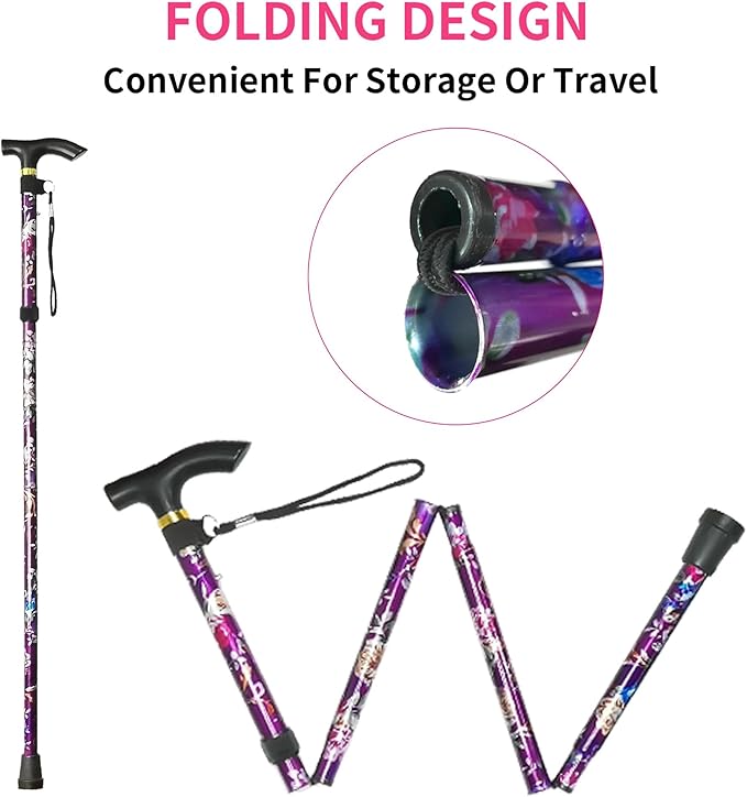 Folding Cane, 5-Level Adjustable Height Lightweight Portable Foldable Walking Canes with Wrist Strap and T Handle for Men Women Seniors