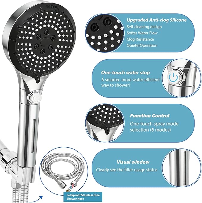 Filtered Shower Head with Handheld - High Pressure 6 Spray Modes Showerhead with Filters, Shower Head With Movable Bracket & 75" Anti-Burst Hose | 12 Replaceable Water Softener Filters for Hard Water