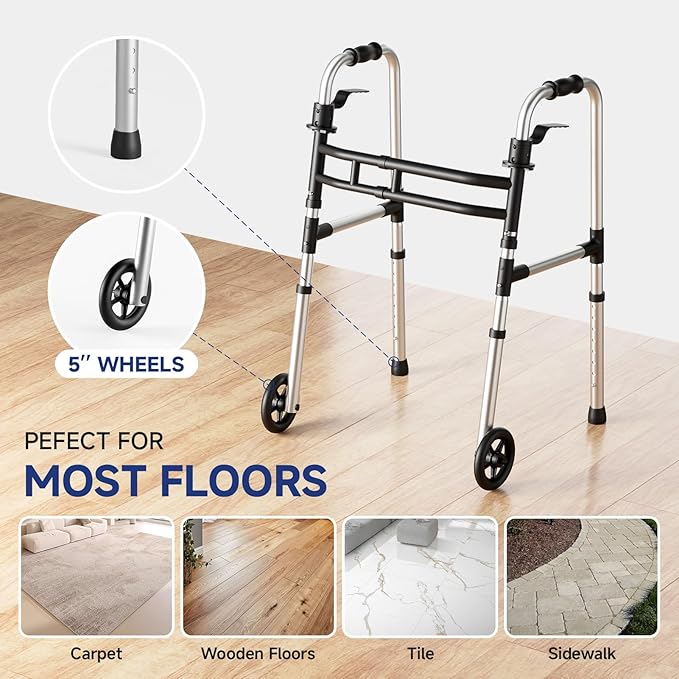 Loyoda Walkers for Seniors Foldable, Aluminum Lightweight Walker with Wheels, Adjustable Height & Width Standard Walkers for Elderly & Disabled, 350 lbs Capacity, Silver