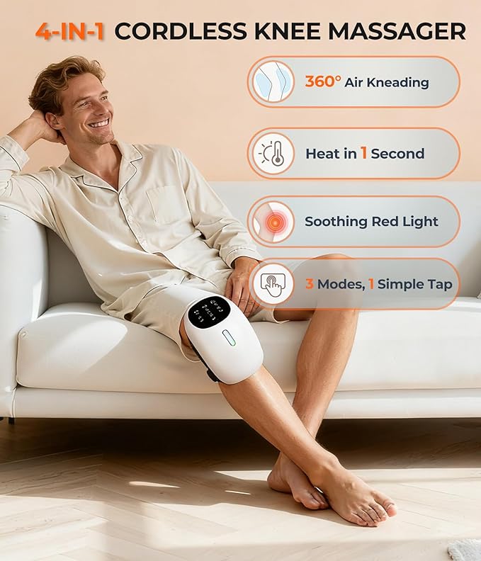 World's First 360° Knee Massager with 1-Second Heat - Cordless Red Light Therapy for Joint Comfort, 3 Intensity Levels, Perfect for Athletes, Seniors & Active Adults