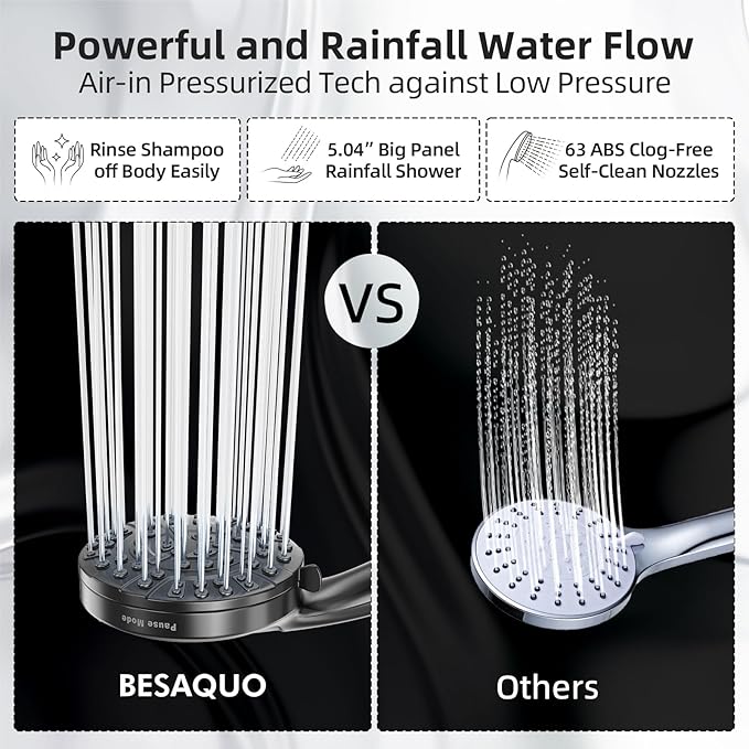 BESAQUO Shower Head,10 Functions High Pressure shower head with handheld, Built-in Pause Mode & Power Wash, Non-Clogging Nozzles High Flow Hand Held Shower Head, Leakproof 6ft Hose&Adjustable Bracket