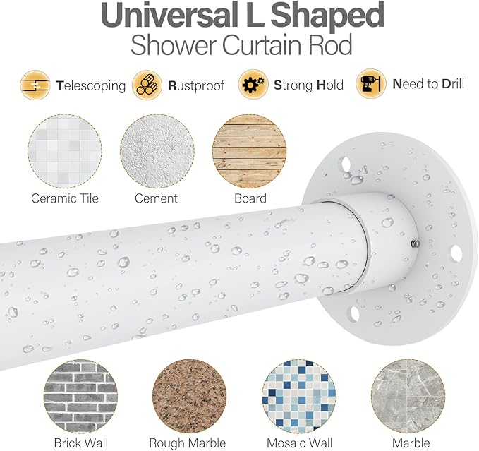 L Shaped Corner Shower Curtain Rod, 39" - 69" x 55" - 85" Adjustable 90 Degree Curved Bathroom Rod Square No Sag with 12 Hooks & Ceiling Support - White
