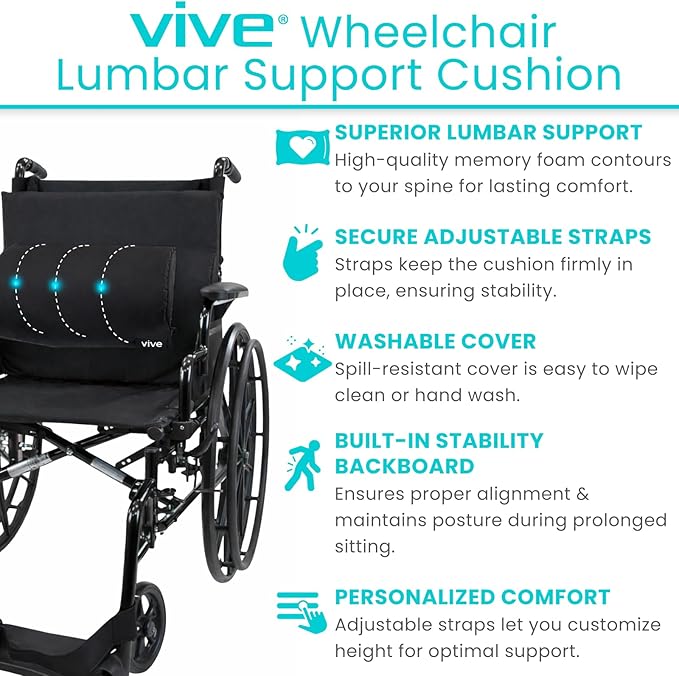 Vive Wheelchair Lumbar Support Cushion for Sling Back Wheel Chairs - Chair Pad for Back Pressure Relief - Memory Foam Backrest - Fits Most Wheelchairs & Transport Chairs - Improves Posture