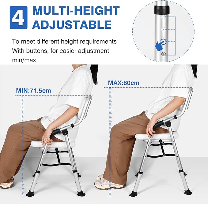 DEWEL Foldable Shower Chair for Elderly and Disabled, Folding Shower Seat with Armrests and Back Height Adjustable, Aluminum Alloy Bath Seat for Inside Shower, 330lbs Capacity (Blue)
