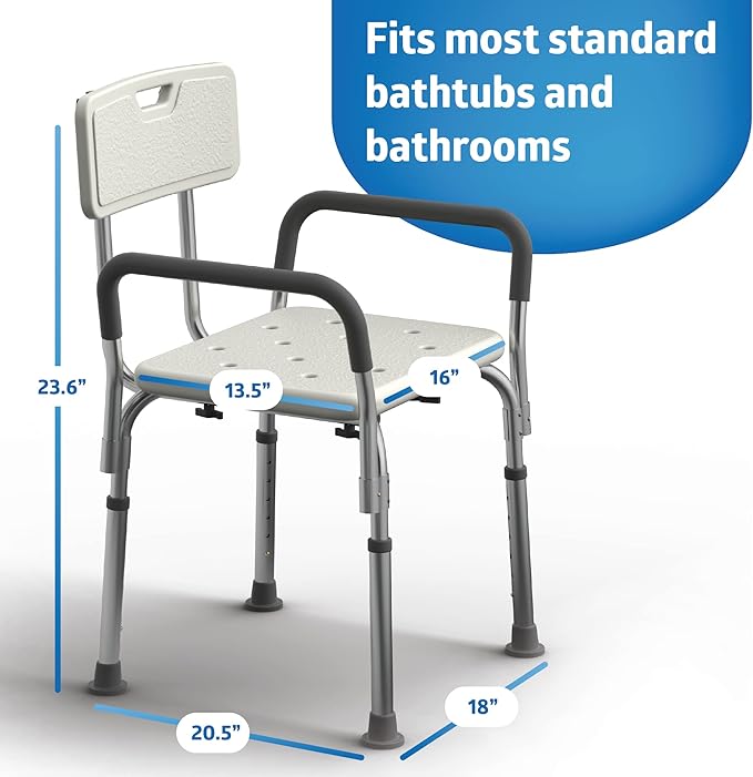 Medline Shower Chair with Backrest and Padded Armrests - 350 lb. capacity, Bath Bench, Seat, Stool for Independent Adult, Seniors, Elderly & Disabled Patients