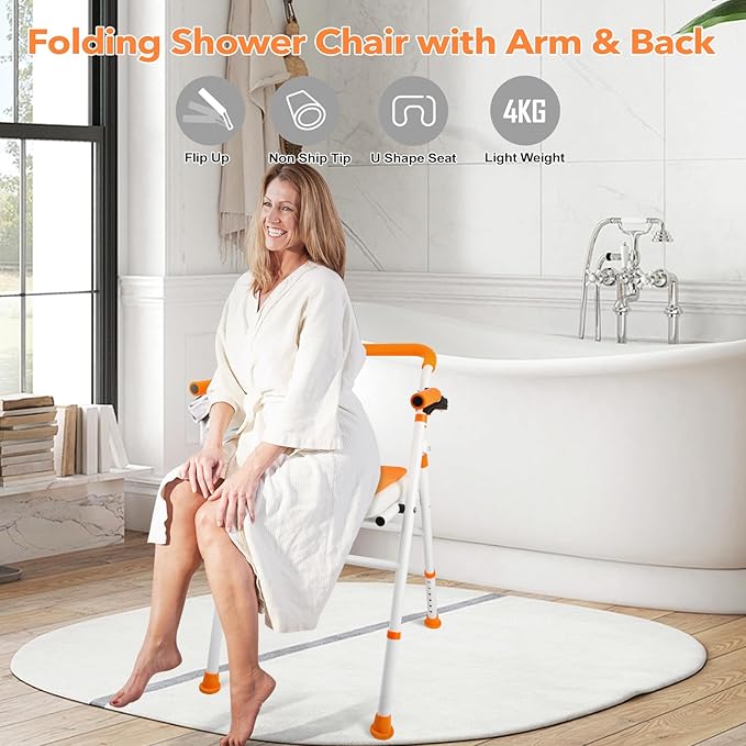 Foldable Shower Chair, Folding Bath Shower Seat for Inside Shower, Minimalist Shower Chair with Arms and Back Height Adjustable, Portable Safety Bath Chairs for Elderly, Seniors, Disabled