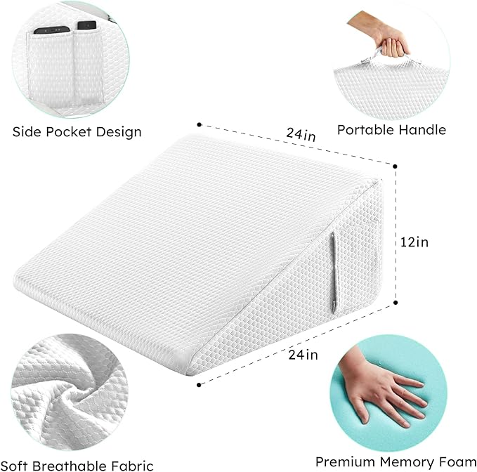 Bedluxe Wedge Pillow, 12 inch Bed Wedge Pillow for Headboard, Pillow Wedge for Acid Reflux Relief, Sleeping, After Surgery, Snoring, Gerd, Triangle Pillow Wedge - Cooling Memory Foam Top, White