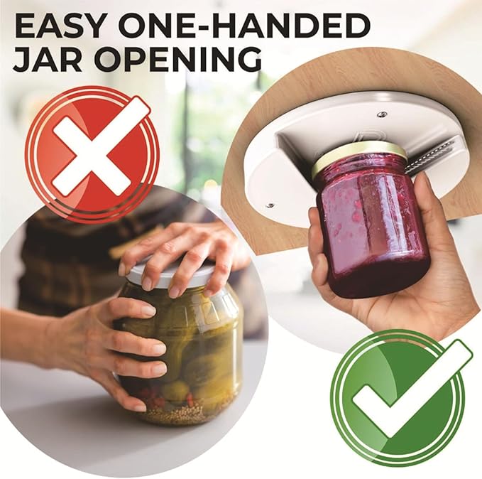 Under Cabinet Jar Opener for Seniors & Arthritis, One-Hand Effortless Jar Opener for Weak Hands, Auto-Fits All Lids 0.6"-4.7", Compact 7"x7" Under Mount Jar Opener for Kitchen, Includes 3 Screws