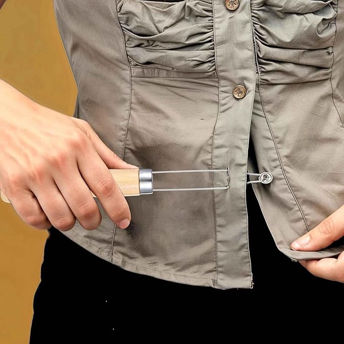 Easy Button Hook, Steel Button Helper Tool for Elderly, Wide Wood Handle Buttons Fastener Device Assist Dressing Aid Tool for Seniors One Hand - Small Button and Universal
