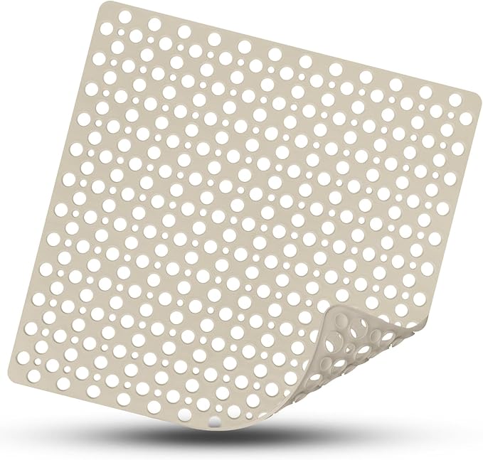 Square Shower Mat Non Slip, 27" x 27" Large Shower Mats for Inside Shower, Soft TPE Shower Floor Mat with Suction Cups and Big Drain Holes, Anti Slip Shower Stall Matt, Khaki