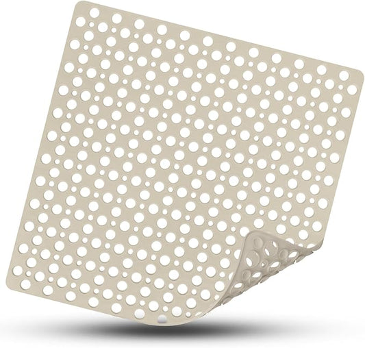 Square Shower Mat Non Slip, 27" x 27" Large Shower Mats for Inside Shower, Soft TPE Shower Floor Mat with Suction Cups and Big Drain Holes, Anti Slip Shower Stall Matt, Khaki