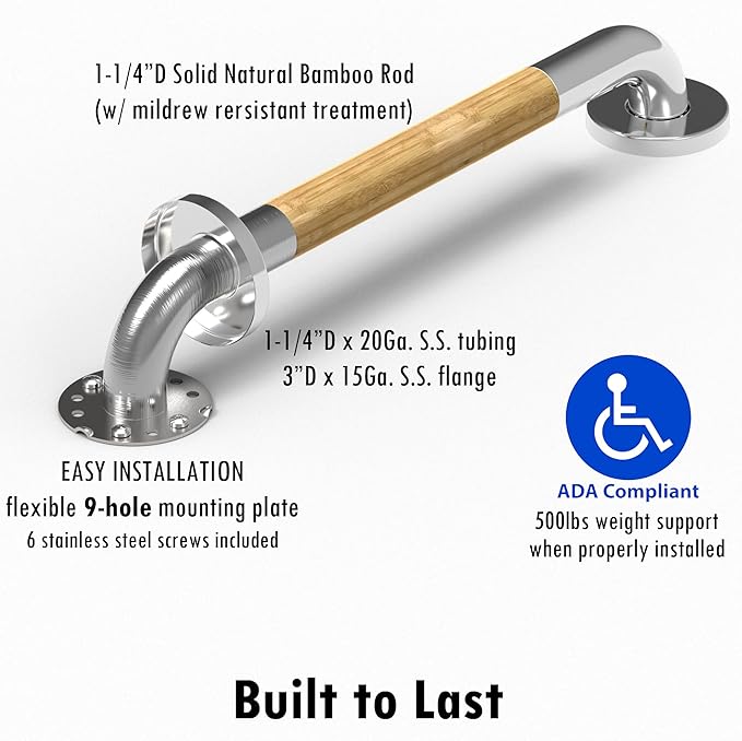 Safety Grab Bar for Bathroom & Toilet, Natural Bamboo Handle, ADA Compliant Balance Assist Handrail for Handicap and Seniors, 18in Brushed Nickel