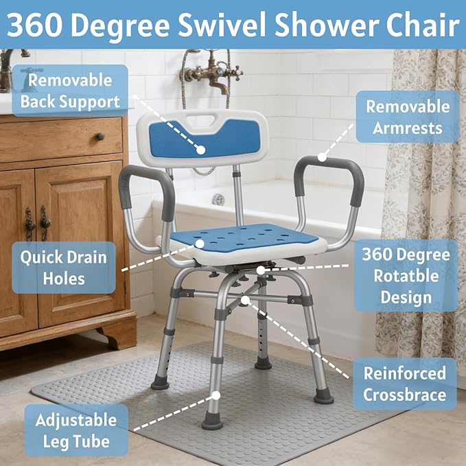 Swivel Shower Chair for Elderly and Disabled - Heavy Duty 500 lbs Shower Chair with Arms & Back for Inside Shower - 360° Rotating, Height Adjustable, Reinforced Bath Tub Bench Stool Seat