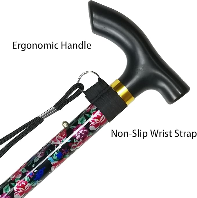 Folding Cane, 5-Level Adjustable Height Lightweight Portable Foldable Walking Canes with Wrist Strap and T Handle for Men Women Seniors