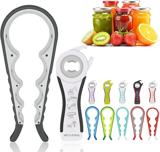 Jar Opener Bottle Opener for Weak Hands, 5 in 1 Multi-Function Can Opener Bottle Opener Kit with Silicone Handle Easy to Use for Children, Elderly and Arthritis Sufferers (White)