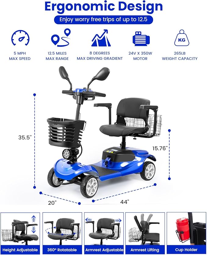 4 Wheel Electric Power Mobility Scooter for Adults, Electric Scooter for Seniors Folding Mobility Scooter -Max Speed 5 Mph,12.5 Miles Long Travel Range