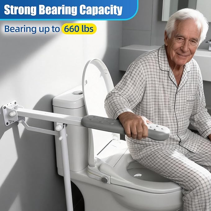 26 Inch Grab Bar for Toilet with Adjustable Height and Length, Flip up Bathroom Safety Rail with Support Leg, 660lbs Capacity Anti-Slip Handicap Toilet Handrail for Seniors