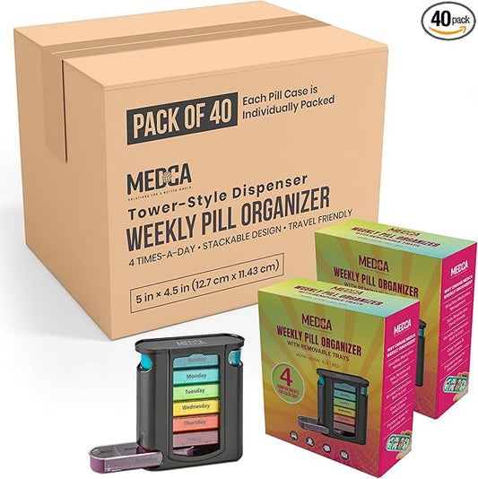 Weekly Pill Organizer, 1 Dispenser, 7 Stackable Compartments Four Times-a-Day - Morning, Noon, Evening, and Bedtime, Black (Case of 40)