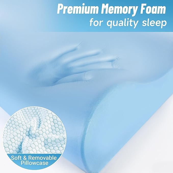 CloudBliss Neck Pillow for Sleeping, Ergonomic Cervical Neck Pillow for Neck Pain Relief, Memory Foam Pillow fit Neck Contour, Bed Pillow for Side Back Stomach Sleepers (Blue, Standard Size)