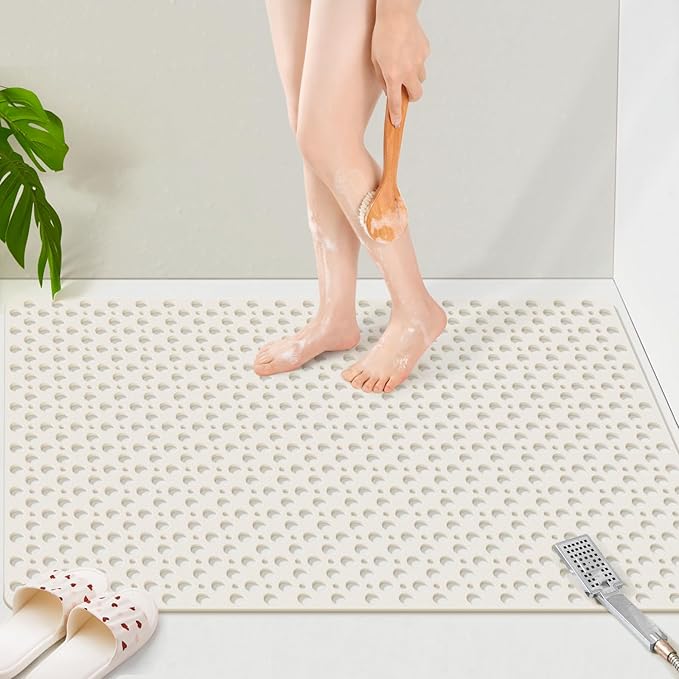 OTHWAY Large Shower Mat, 47"x 32" TPE Anti Slip Shower Mat, Heavy Bath Mats for Shower with Drain Holes Suction Cups, Shower Stall Mat for Bathroom, No Odor Shower Grip Mat for Elderly Kids(W-White)