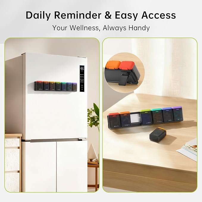 KOVIUU Weekly Pill Organizer Magnetic, Removable Pill Box 7 Day 1 Time a Day, Large Travel Pill Case, Week Once Daily Medication Dispenser, Medicine Container Holder for Supplement, Vitamin, Black