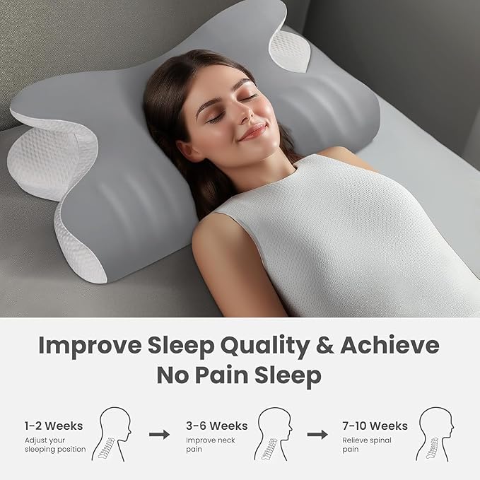JINXIA Cervical Neck Pillow Memory Foam Pillows for Sleeping,Ergonomic Orthopedic Neck Support Pillow,Cooling Pillow with Removable Pillowcase for Side,Back, Stomach Sleepers,Light Gray