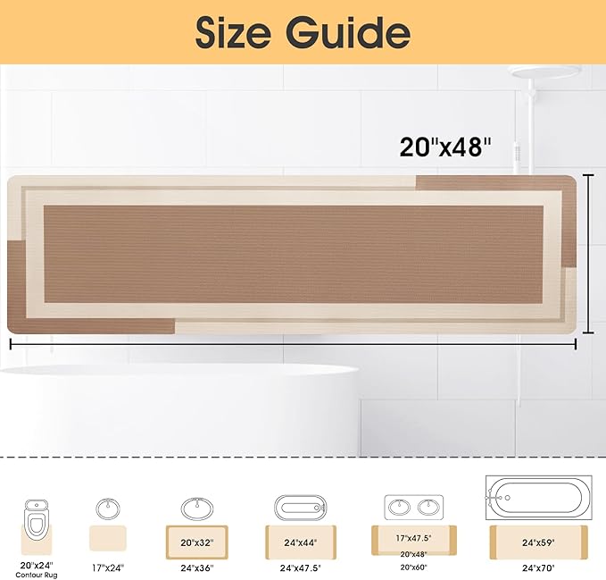 ACCUMTEK Non Slip Bath Mat, Thin Bathroom Rugs Fit Under Door, Quick Dry Bath Mats, Machine Washable Bath Rugs for Bathroom, Bathtub & Kitchen, Bathtub, Light Brown/Bordered/48 x20