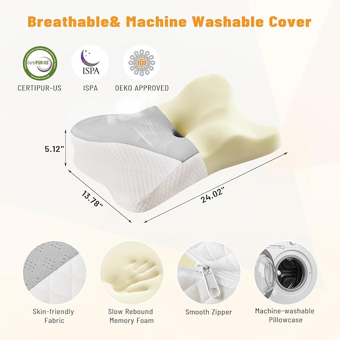 Cervical Neck Pillow Set of 2, Memory Foam Pillow for Neck Pain Relief, Ergonomic Bed Pillow with Neck Support for Side, Back & Stomach Sleepers, King, Grey