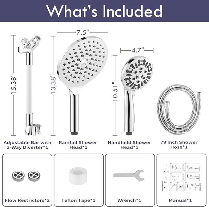 HOWUWEY Modern Dual Shower Head with Handheld Spray, 7.5" Rainfall Shower Head, 9 Modes Hand Showerhead, 78" Hose, Chrome