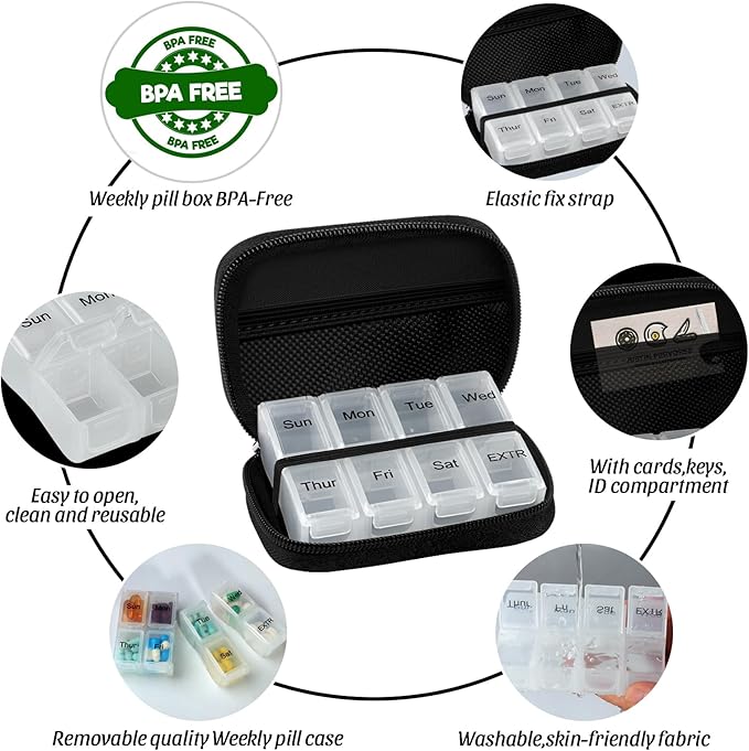 Pill Case Weekly Travel Pill Organizer for Purse with Removable 7 Day Pill Box Premium Neoprene Pill Container for Travel Purse Accessory, Vitamin, Supplement, Small Pieces Arrangement-Elegant Black