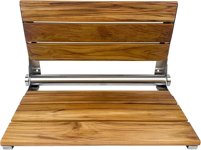 Teak Shower Seat Bench with Back - Wall Mounted Fold Up Shower Seat, Waterproof Folding Teak Bath Chair for Seniors, 304 Stainless Steel, with 300 lbs Capacity - 24" Length, Brushed Stainless Finish