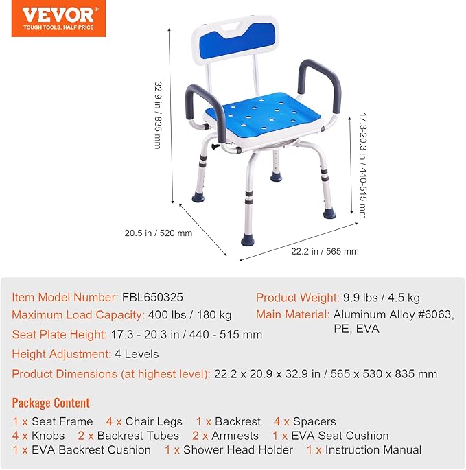 VEVOR Swivel Shower Chair 360 Degree, Adjustable Shower Seat with Armrests and Backrest for Inside Shower or Bathtub, Non-Slip Rotating Bathtub Chair Seat for Elderly Disabled Injured, 400lbs Capacity