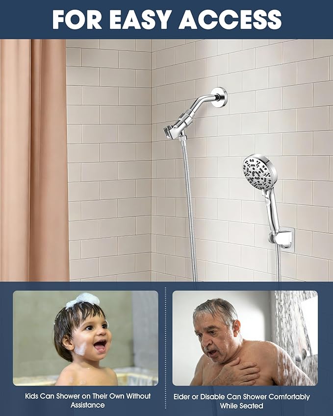 Handheld Shower Head with 6.56ft Extra Long Hose, On Off Switch 8-Seting High Preesure Hand Held Showerhead, Low-Reach Adhesive Holder for Kid, Disable& Elder (Chrome)
